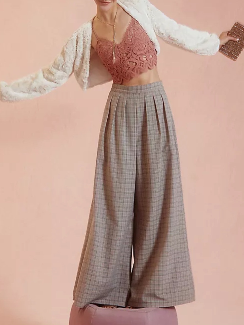 Corey Lynn Calter- Anthropologie Pleated Wide-Leg Plaid Trousers Brown & Pink